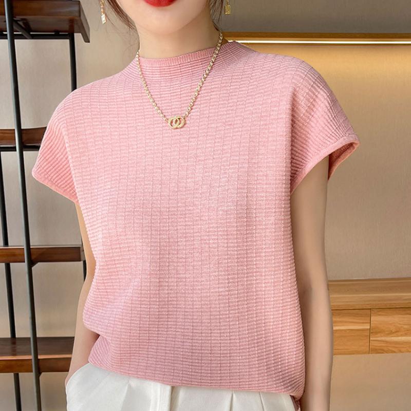 IHUASU Women's Short-sleeved T-shirt Spring and Summer Loose Thin O-neck Knitted Bottoming Shirt Tops