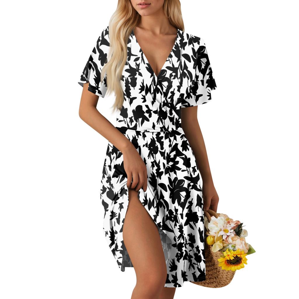 Women's Summer Dress Loose Beach Vacation Casual Deep V Neck Short Sleeve Dress Elegant Dress