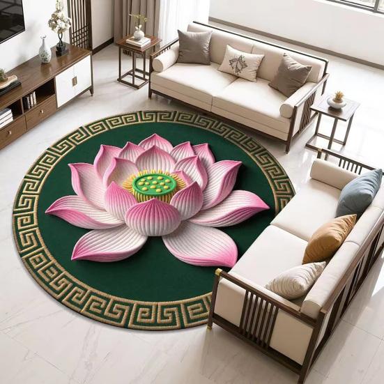 Yousheng Lotus Flower Floor Mat Round Living Room Rug Lotus Pattern Carpet with Non-Slip Backing for Home Office Bedroom Kitchen