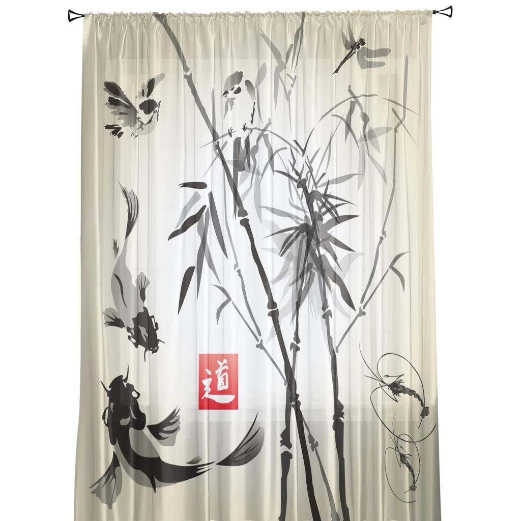 Bamboo Carp Chinese Ink Painting Tulle Curtains For Living Room Bedroom Kitchen Decoration Chiffon Sheer Voile Window Curtains