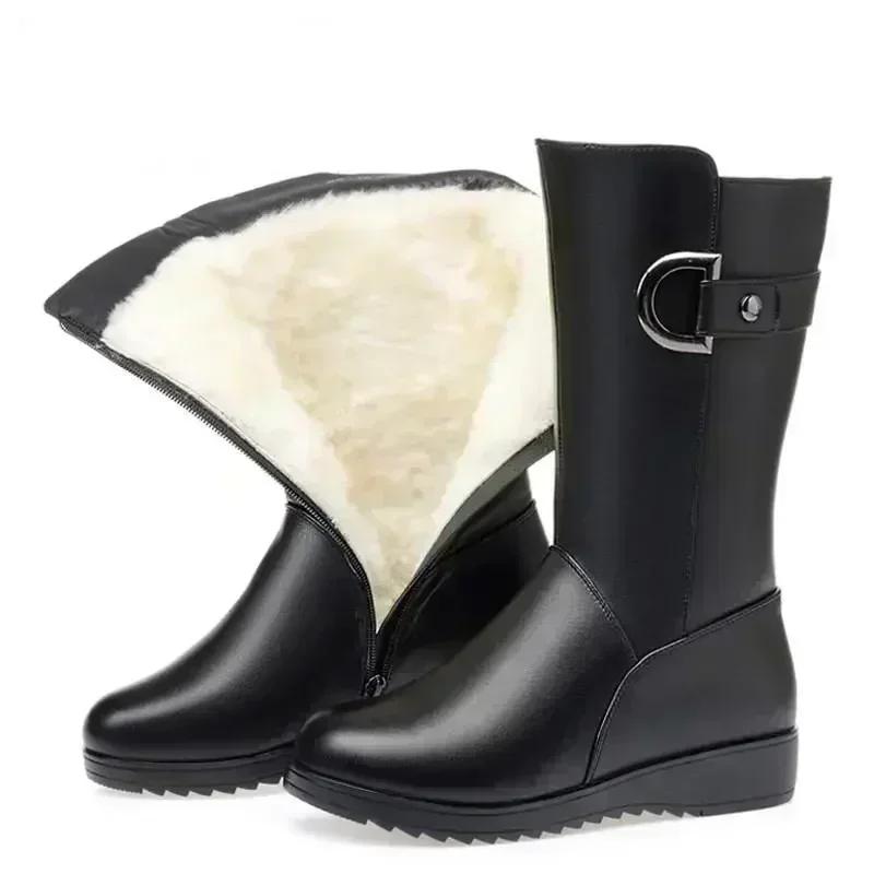 2024 Winter Leather Women Winter Boots Thick Wool Warm Women High-heeled Genuine Boot High-quality Female Snow Boots Women Shoes