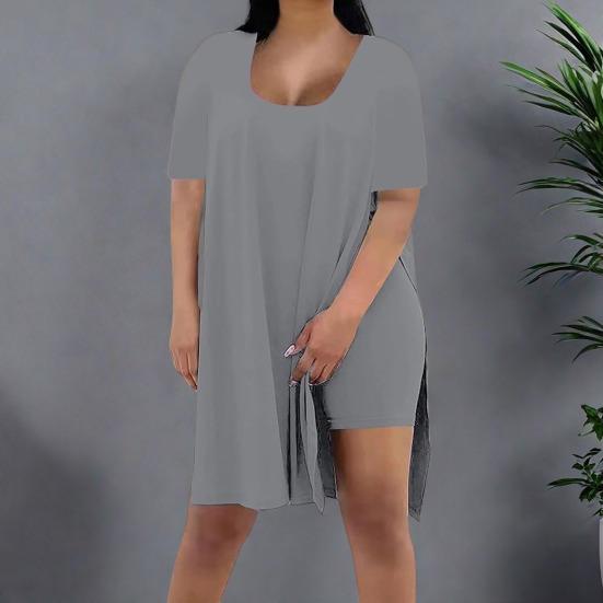 Women Plus Size 2 Piece Outfits Side Split Short Sleeve Tunic Tops And Skinny Biker Shorts Sets Summer Lounge Tracksuit