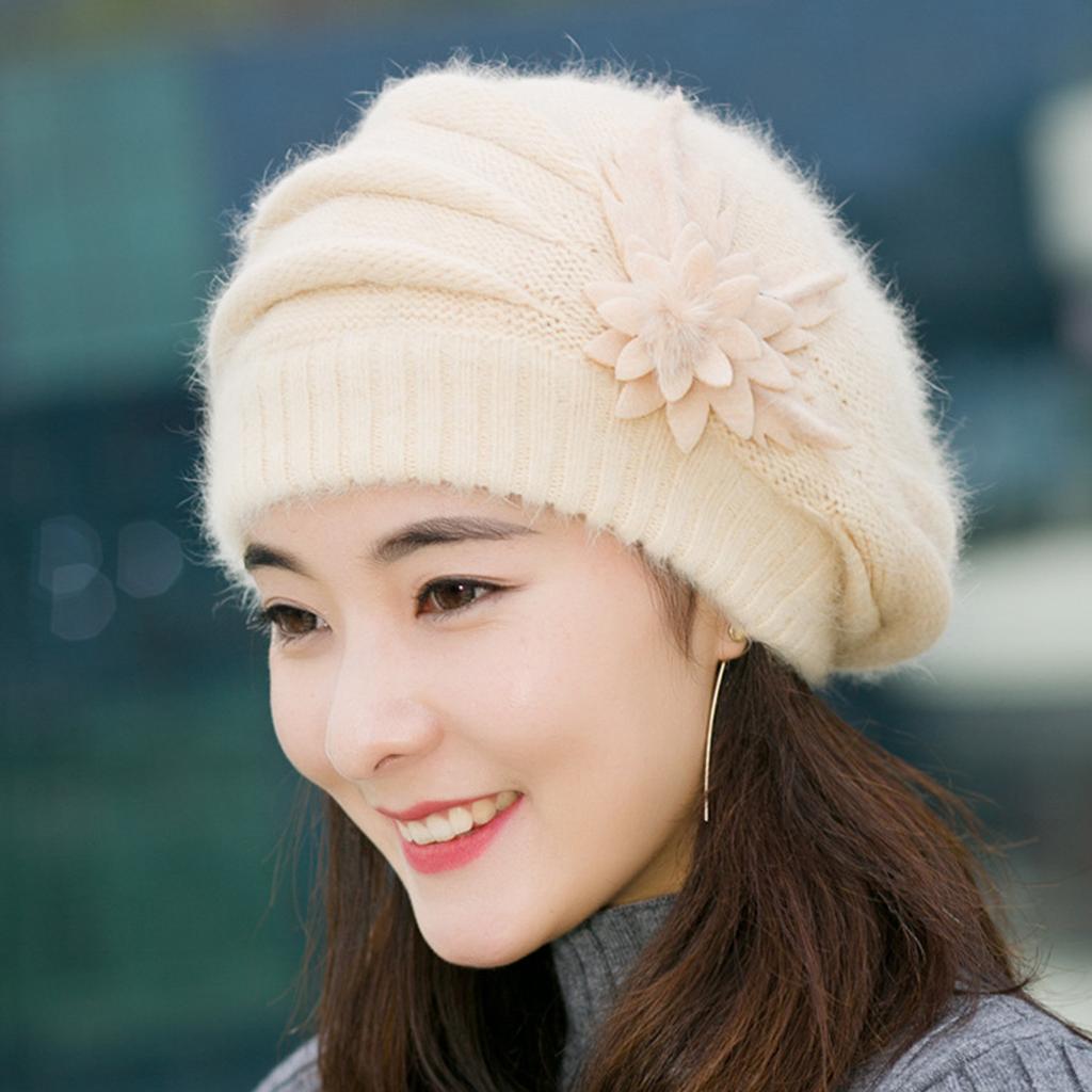 Fashion Womens Flower Knit Crochet  Hat Winter Warm Cap Beret