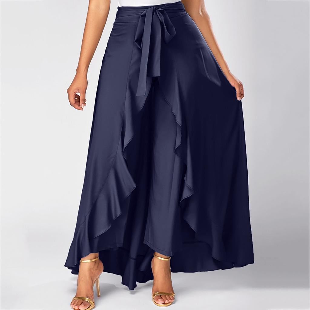 Ladies Casual Double Layer Wide Leg Culottes Irregular Ruffle  Long Pants