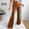 Women Corduroy Pants Elastic High Waist Flared Leg Long Trousers Solid Color Autumn Winter Casual Pants Daily Wear
