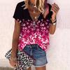 Women's Top Summer New Fashion Rose Flower Pink Flowers Printed Casual Zipper V-neck Short Sleeve Top