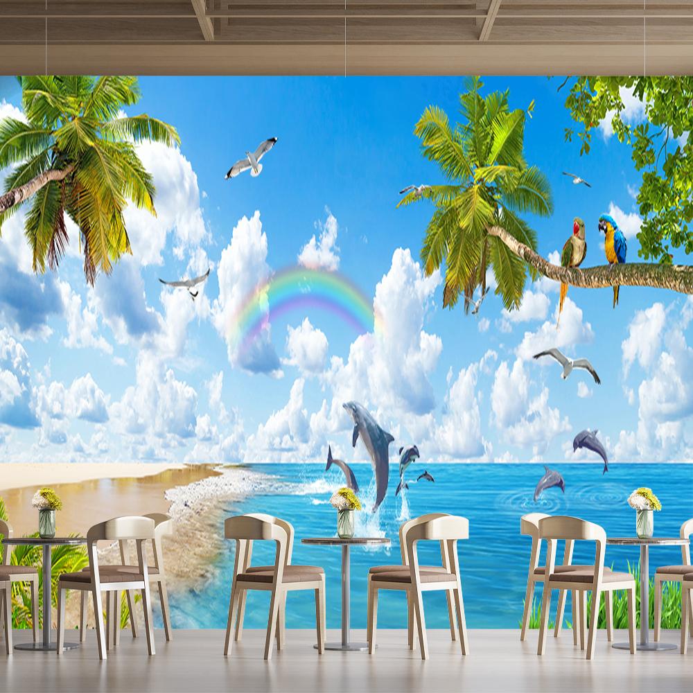 3d Dolphin Wallpaper Seaside Scenery Landscape Wall Mural Bedroom Living Room Hotel Beach Wallpaper Home Decor