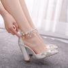 New White Pointed Crystal Wedding Shoes Thick Heels Super High Heels Bridal Shoes One-line Buckles Tassel Rhinestone Women's Sandals