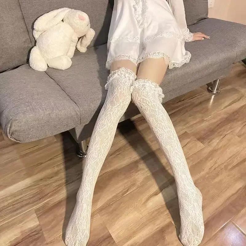Women's Lace Trim High Tube Socks Half Length Thin Model Summer JK Black Over Knee Lolita Mid Tube Silk Stockings White