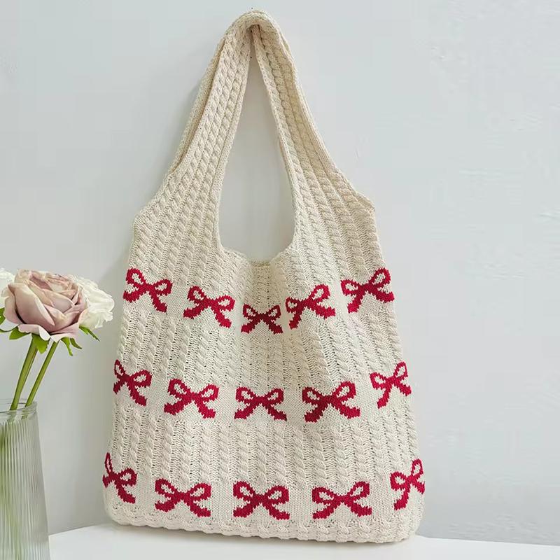 Yogodlns Women's Bow Shoulder Bag Aesthetics Crochet Handbag Purses Knitted Shopping Bag Summer Beach Bag Ladies Woven Tote Bags