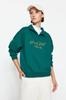 Women's Fashionable Stylish Sweatshirt Emerald Green Shirt Collar Embroidered Regular Fit Thick Inside Fleece Knitted Sweatshirt