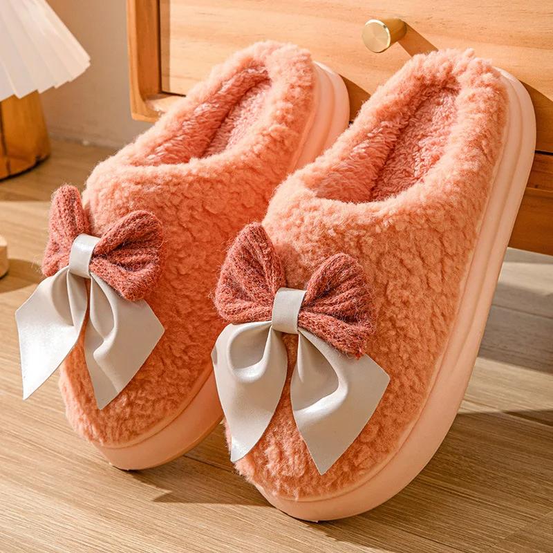 Winter Plush Bowknot Slippers Women  Korean Christmas New Year Warm Soft Home Indoor Casual Flat Bottom Slippers Gift Shoes