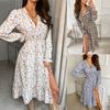Women Fashion Floral V-neck Midi Dress Split Temperament Long-sleeve Dresses