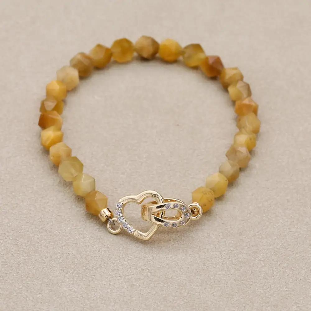 6mm Blue Tiger Eye Beads Copper Heart Shape Beaded Strand Bracelet & Bangle Women Men Lover Handmade Jewelry Valentine's Gifts