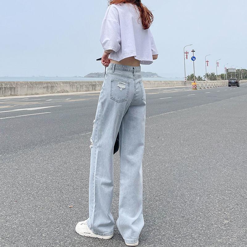 Summer High Waist Ripped Straight Jeans Women Loose Fit Thin Stretchy Wide Leg Comfort Trendy Pants