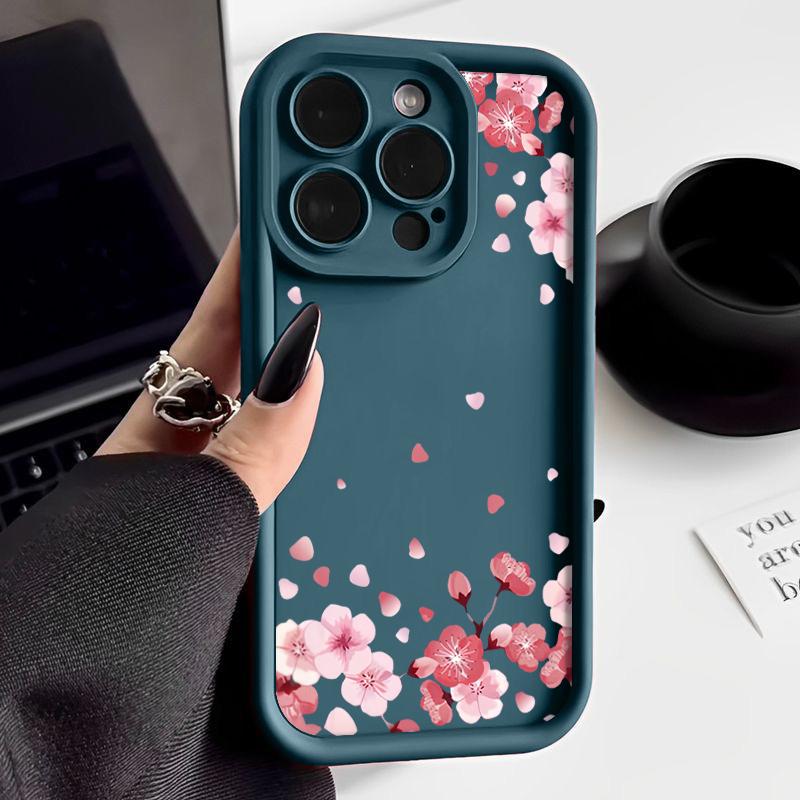 Soft TPU Silicone Phone Case For iPhone 15 16 14 Pro Max 11 12 13 Pro 16E XR 15 Plus Pink Peach Blossom Pattern Shockproof Cover