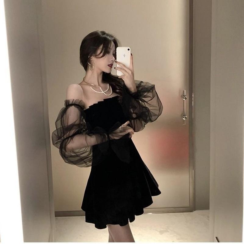 Black Retro Dress Women Lace Chiffon Mini Dress Female High Street Korean Style Dress Party Dress