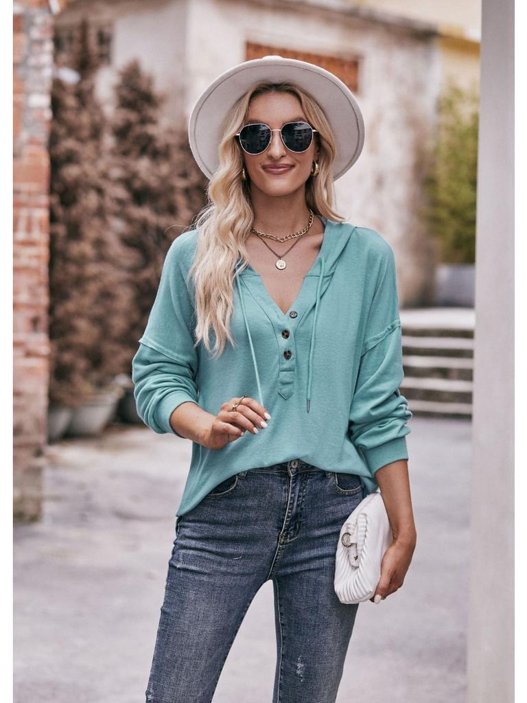 2024 New Autumn Winter Hooded Sweatshirts Women Fashion Buttons V-neck Long Sleeve Pullovers Ladies Casual Loose Hoodies