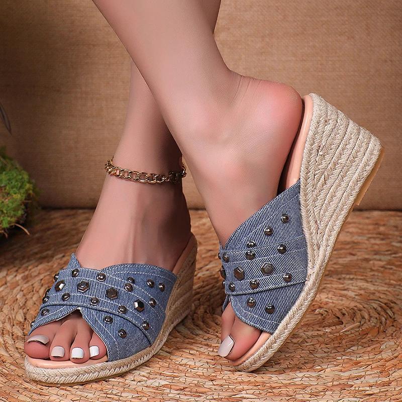 Fashion Fashion Rivet Decor Wedge Heel Sandals for Women Summer 2025 Blue Denim Espadrille Slippers Woman Peep Toe Roman Sandalias Mujer