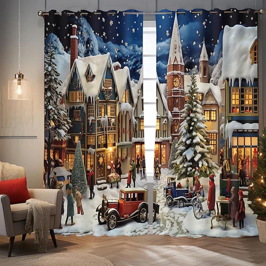 2023 Happy New Year Snow Scenery Reindeer Festival Curtains 3D Christmas Decoration Living Room Bedroom Drapes Custom