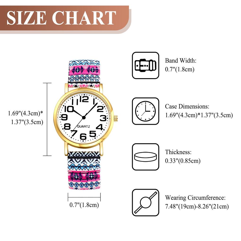 Bohemian Watch with Elastic Strap and Arabic One Size Fits Floral Waterproof Quartz Watch with Stretchable Stainless Steel Analog Colorful Ethnic