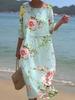 Women's Floral Print Midi Dress with Medium Sleeves, Beach Vacation Summer Dress, Casual Boho Maxi Dress