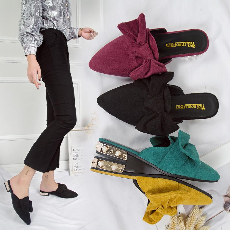 Pointed Toe Low Heel Slippers Women's Bowknot Suede Plus Size Women's Shoes Size 35-40