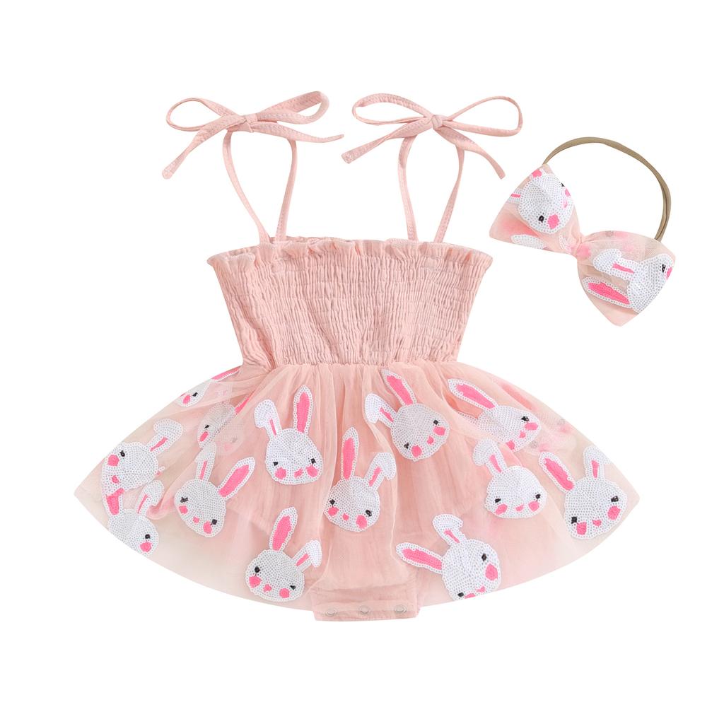 Baby Girls Rompers Dress Easter Clothes Rabbit Print Mesh Tulle Layered Skirt Hem Toddler Bodysuits Jumpsuits with Headband
