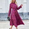 Spring and Summer Women's Casual Printed Stand-collar Ruffled Long-sleeved Lace-up Waist Dress