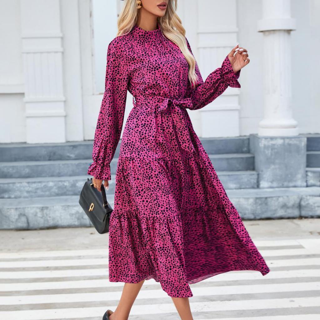 Spring and Summer Women's Casual Printed Stand-collar Ruffled Long-sleeved Lace-up Waist Dress