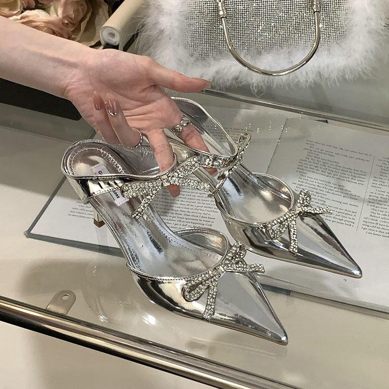 Fashion Advanced Sense ~! Silver Patent Leather Rhinestone Bow Pointy Half Slippers For Women With Fine Heels And High Heels