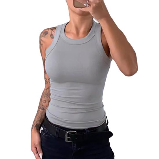 Women Vest Round Neck Sleeveless Elastic Slim Fit Tops Solid Color Sport Camisole