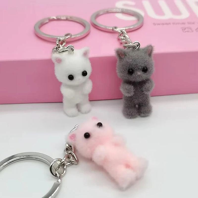 Cute 3D Flocking Kitten Small Bear Keychain Resin Cat Couple Mobile Phone Pendant Car Keyring Earphone Backpack Charms Bag Decor