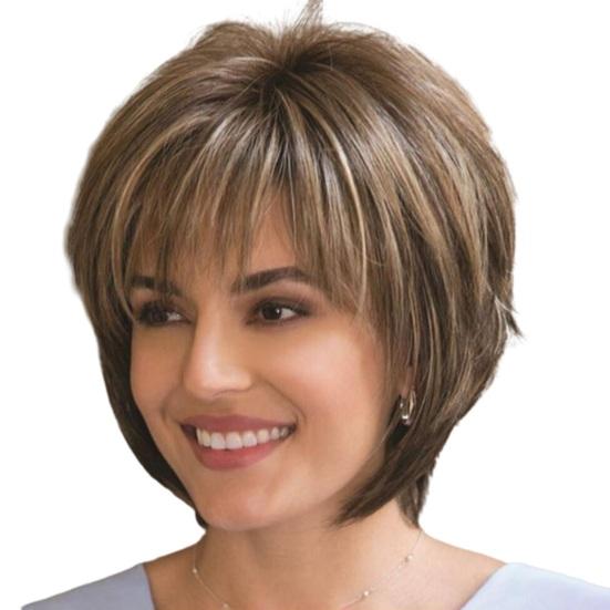 Women Short Straight Wig Wispy Bangs Natural Heat Resistant High Temperature Fiber Ladies Highlights Bobo Synthetic Hair