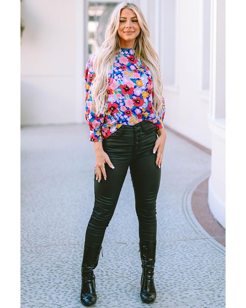 Azura Exchange Blue Mock Neck Bubble Sleeve Floral Print Blouse