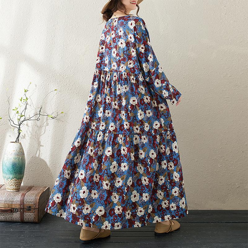 Round Neck Long Sleeve Bohemian Clothing Retro Autumn Cotton Linen Dresses Vintage Casual Floral Printed Long Dress for Women