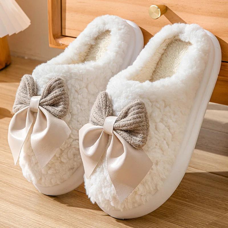 Winter Plush Bowknot Slippers Women  Korean Christmas New Year Warm Soft Home Indoor Casual Flat Bottom Slippers Gift Shoes