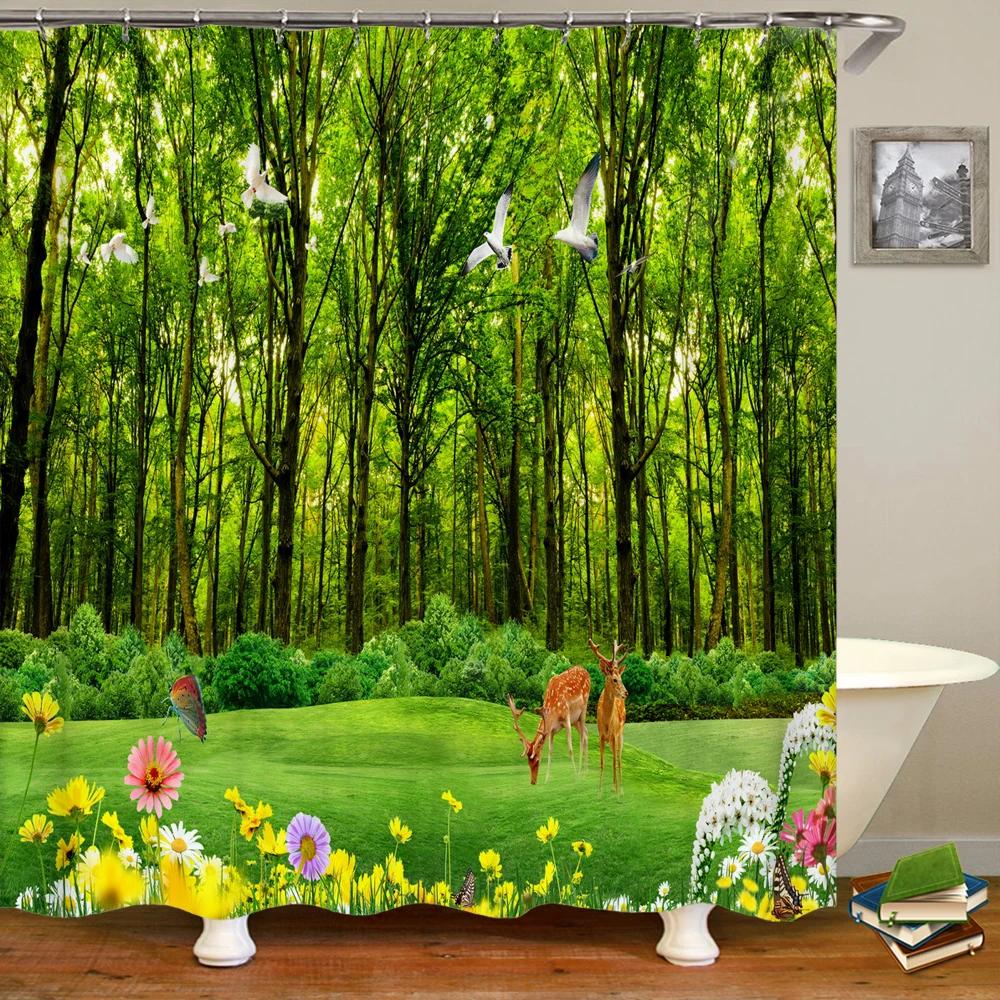 3d Printing Green Forest Waterfall Shower Curtains Waterproof Bathroom Curtain With Hooks Bath Curtain 180*200 Polyester Fabric