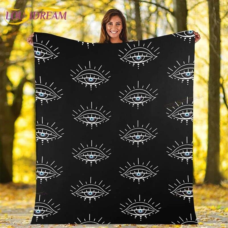Evil Eye Blanket Turkish Nazar Spiritual Art Blanket Vintage Mid Century Flannel Blanket Sofa Chair Throw Blanket Travel Blanket