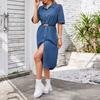 Denim Dress for Women Short Sleeve Jean Dress Button Down Lapel Shirt Dress Summer Midi Shift Dress with Pockets