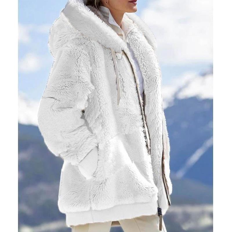 Women's Warm Loose Hooded Jacket Winter Women Long-Sleeved Color Block Zipper Fluff Hooded Warm Coat Jacket