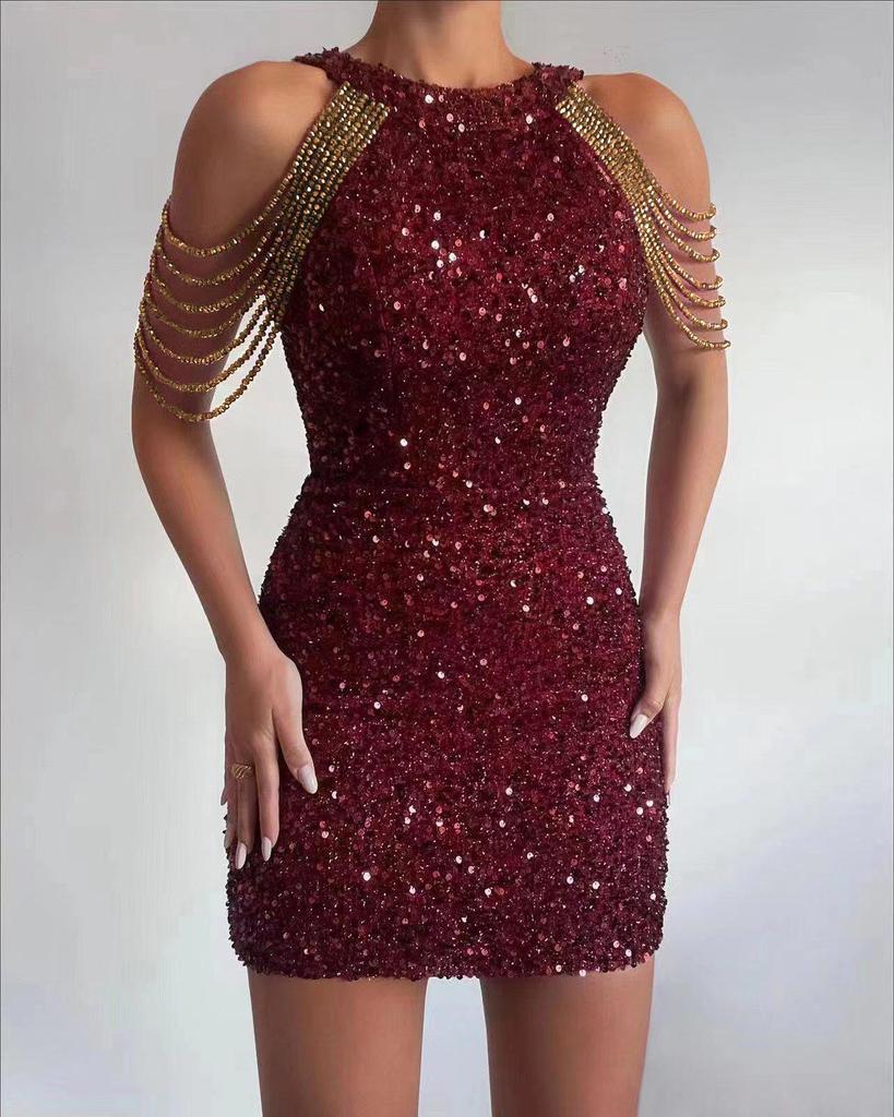 2025 Spring/Summer Crystal Chain Halter Neck Sequin Evening Dress