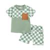 Toddler Boy Summer Clothes Checkerboard Print Short Sleeve T-Shirt with Elastic Waist Shorts 2Pcs Outfit