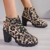 Shoes for Women 2024 Hot Sale Side Zip Women's Boots Autumn Round Toe Leopard Print Short Barrel Chunky Heels Fashion Boots