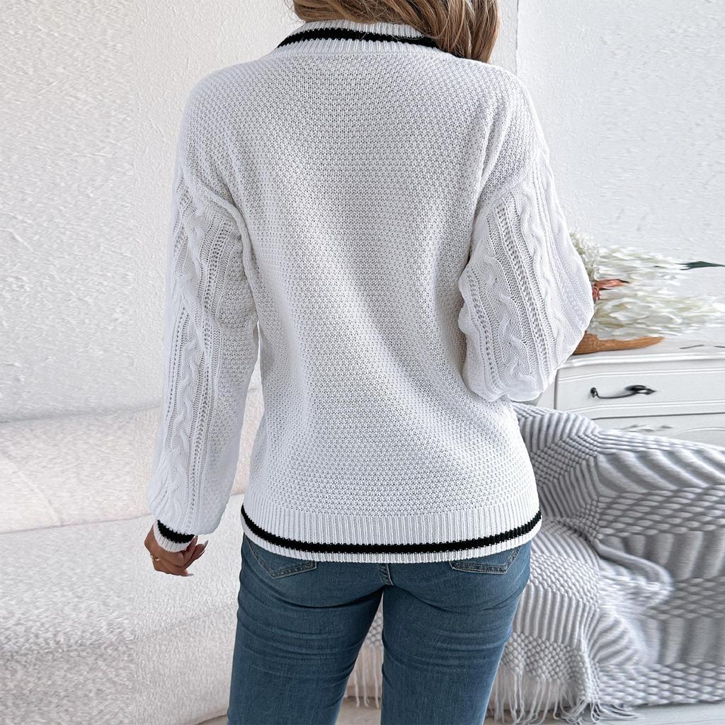 Women's Color-blocking V-neck Long-sleeved Sweater