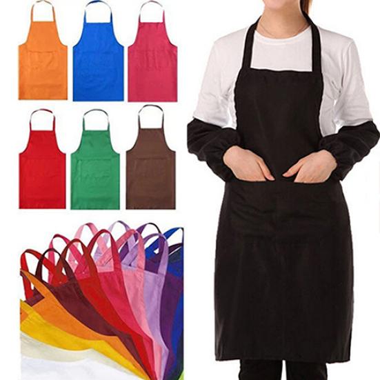 Unisex Simple Pure Color Kitchen Restaurant Bib Cooking Apron with Pocket