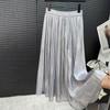 Women Maxi Skirt Elastic High Waist Pleated A-Line Swing Skirt Glossy Pearlescent Yarn Chiffon Pleated Skirt