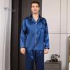 2Pcs/Set Silk Satin Men Pajama Set Button Down Long Sleeve Pajama Top with Notch Collar Front Button Chest Pocket Long Pants Set Sleepwear