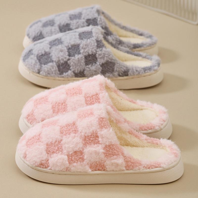 Couple Cotton Slippers Thick-bottomed Plaid Autumn and Winter Cute Flat-bottomed Slippers Winter Velvet Confinement Warm Cotton Shoes Women