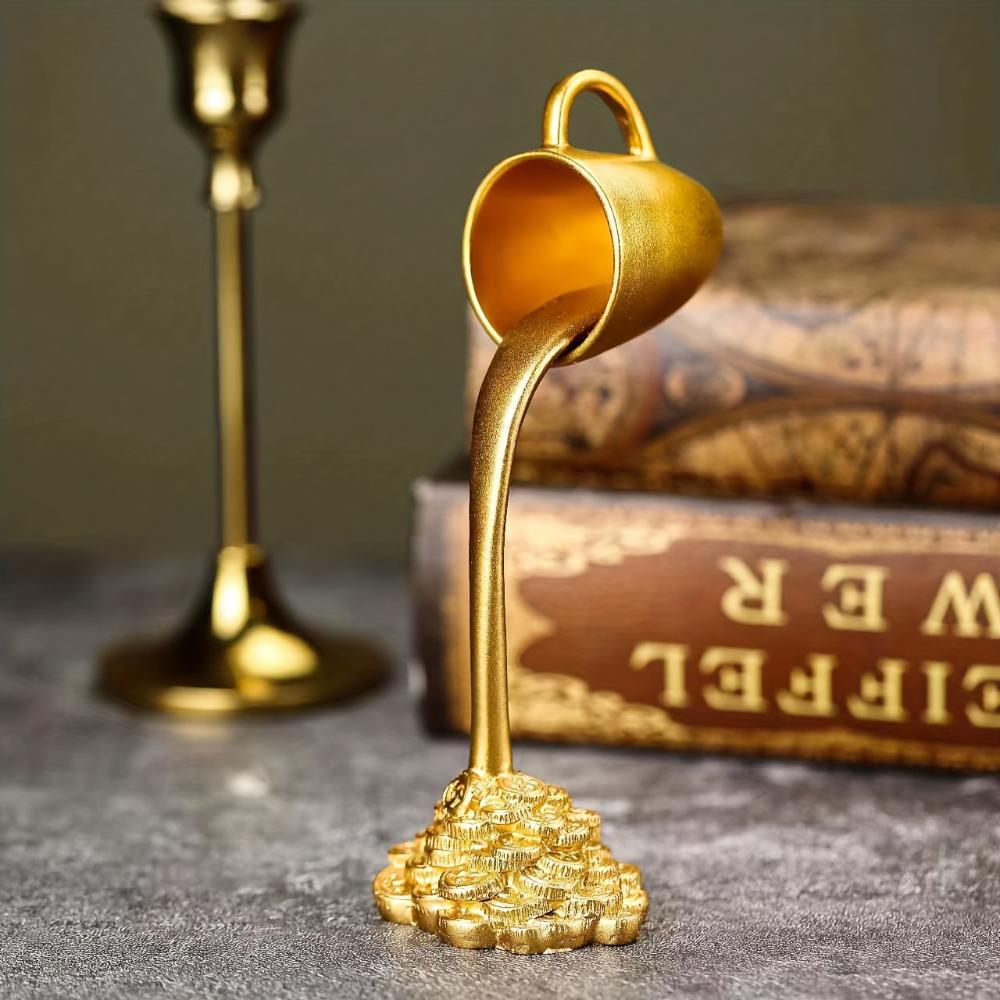 Golden Fortune Cup - Flowing Liquid Effect Lucky Decoration, Luxury Home/Office Ornament, Resin Coffee Cup, Suitable for Shelves, Tabletops